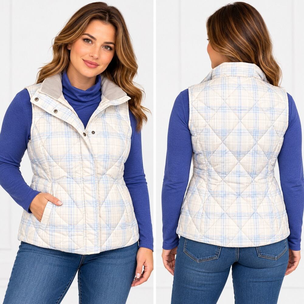 Y2K Eddie Bauer Womens Goose Down Puffer Vest Quilted Plaid Blue White Medium